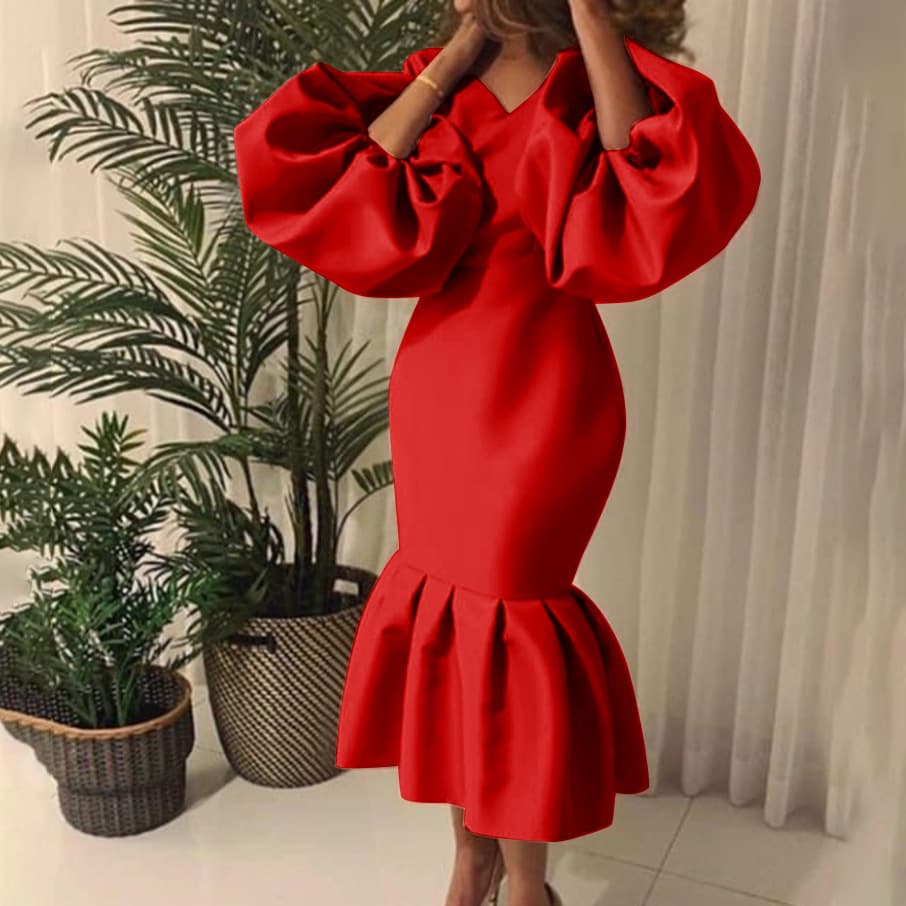 Women's plus-size women's fashion solid color V-neck bubble long sleeve fishtail dress