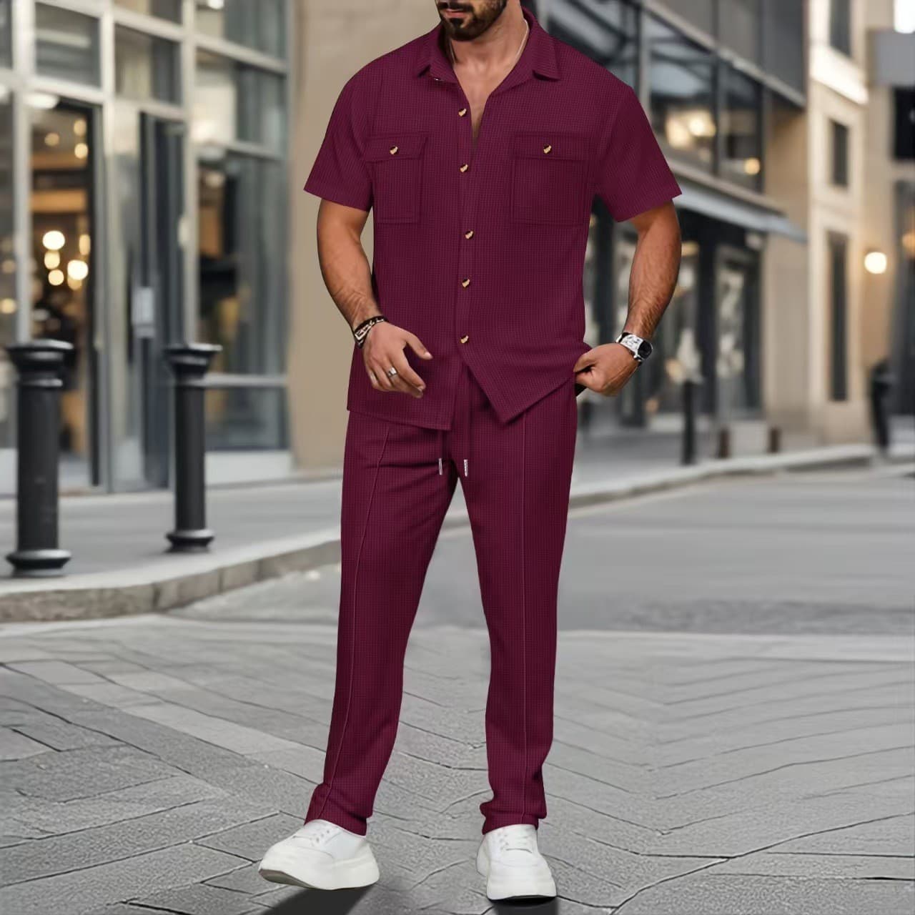 Men's Clothing Men's Stylish Short Sleeve & Long Pants Two-Piece Set – Lightweight & Breathable Polyester – Casual Summer Outfit (White, Gray, Black)​