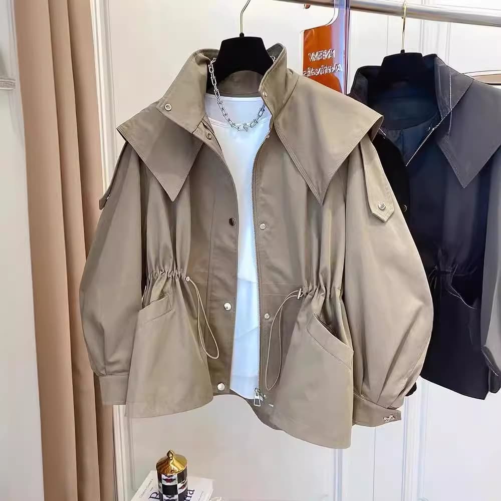 Women's Casual Hooded Jacket With Drawstring Waist - Stylish Utility Windbreaker For Spring & Fall (Khaki, Black) - S/M/L/XL/XXL