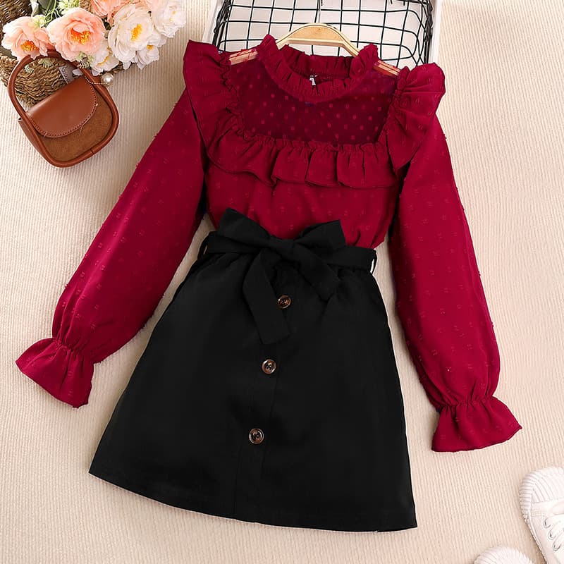 Girls' Dress Set 2024 Spring New Lace Spliced Polka Dot Long sleeved Top Short Skirt Children's Wear