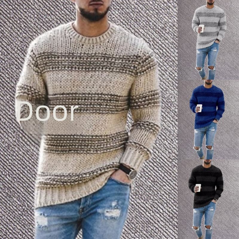 Men's Clothing 2024 Sweater Men's Autumn And Winter Fashion Round Neck Knitted Top Striped Casual Sweater