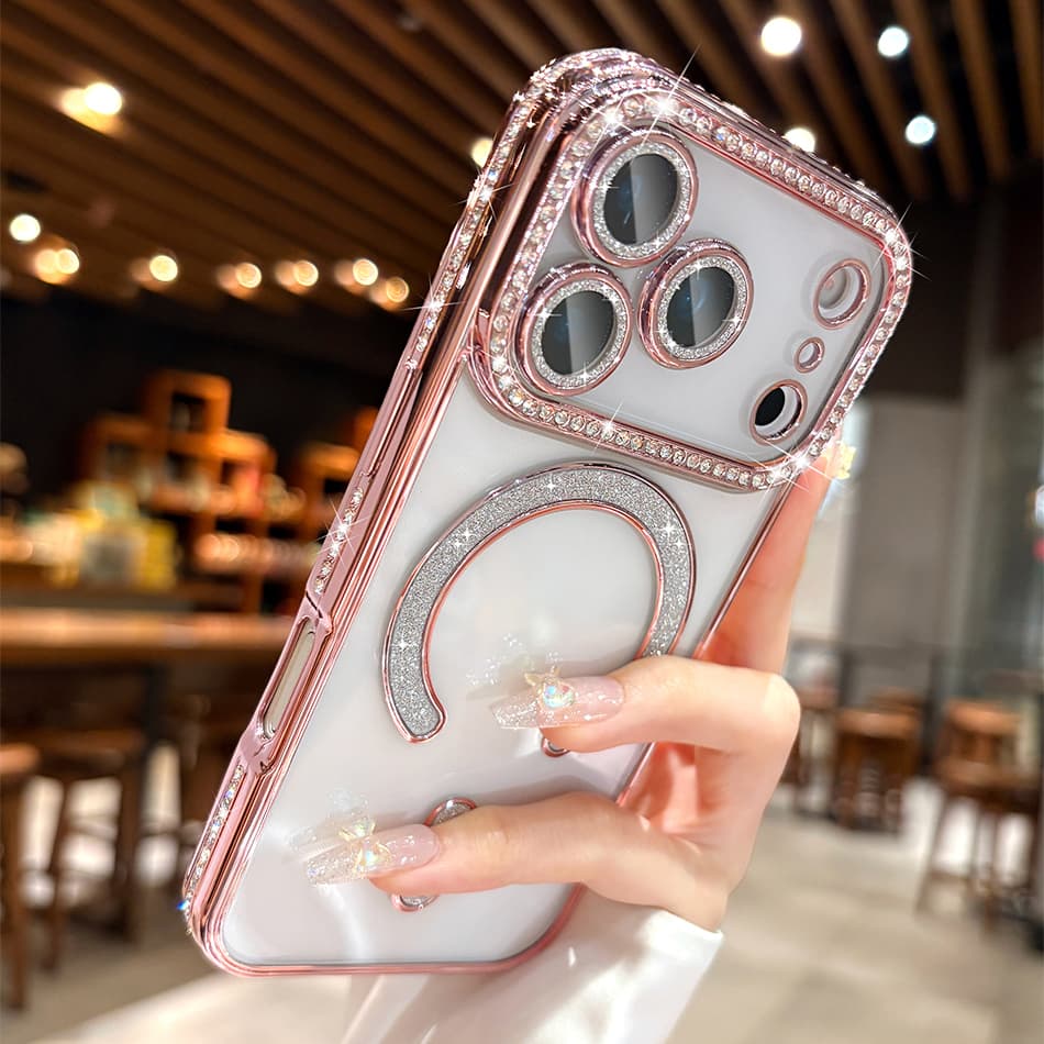 Coque magnétique transparente orange de luxe avec diamants scintillants pour iPhone 17, 16, 15, 14, 13 ProMax, 17Air, couverture complète de l'obje