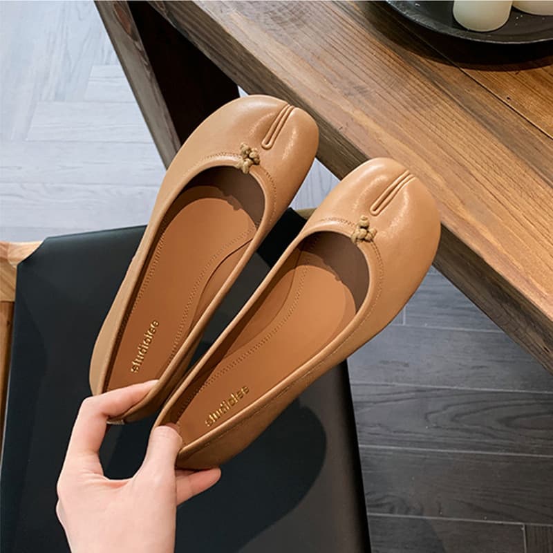 Mirror Toe Split Women's Flat Shoes - Genuine Leather Round Toe Slip-Ons For Casual & Dressy Outfits (Silver, Beige, Black)
