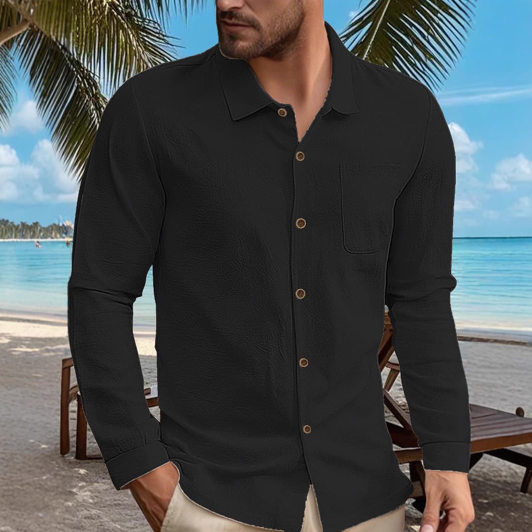 Men's Clothing Hawaiian Style Linen Shirt - Breathable Henley Collar Long Sleeve Casual Shirt For Summer, Lightweight & Wrinkle-Free, Slim Fit