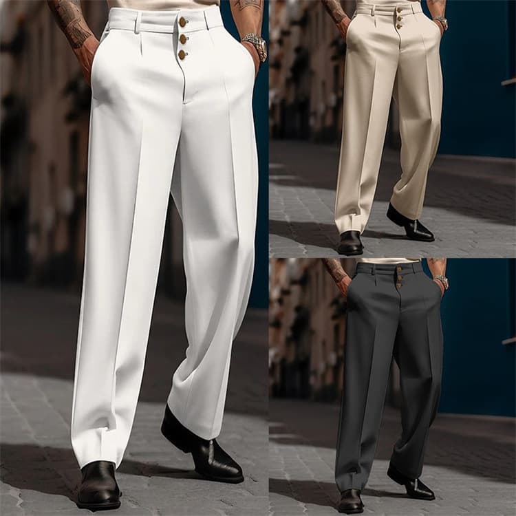 Men's formal button solid color loose straight comfortable outdoor daily fashion pants