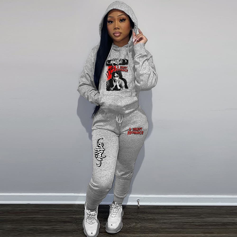 women's fleece sweater women's two-piece hoodie casual printed sports cover
