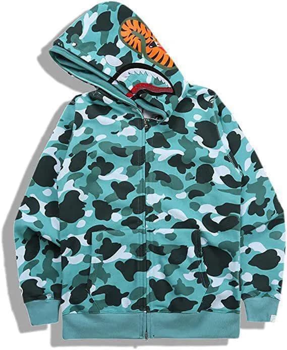 Sweat à capuche zippé en forme de requin pour homme et femme, veste camouflage tendance, sweat à capuche, polaire technique