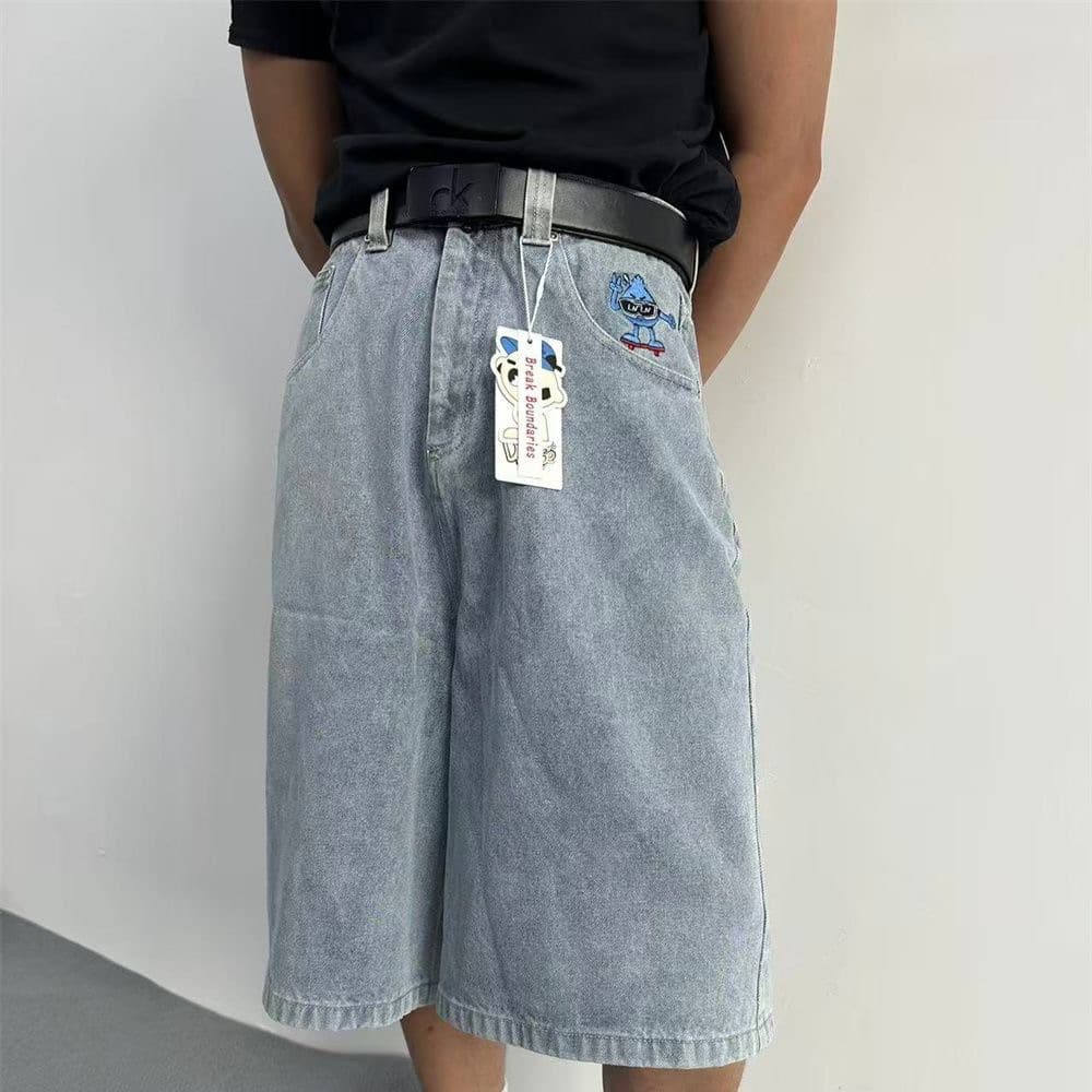 Men's Clothing Cartoon Embroidered Jeans Straight Leg Cropped Pants Loose Casual Skateboard Pants