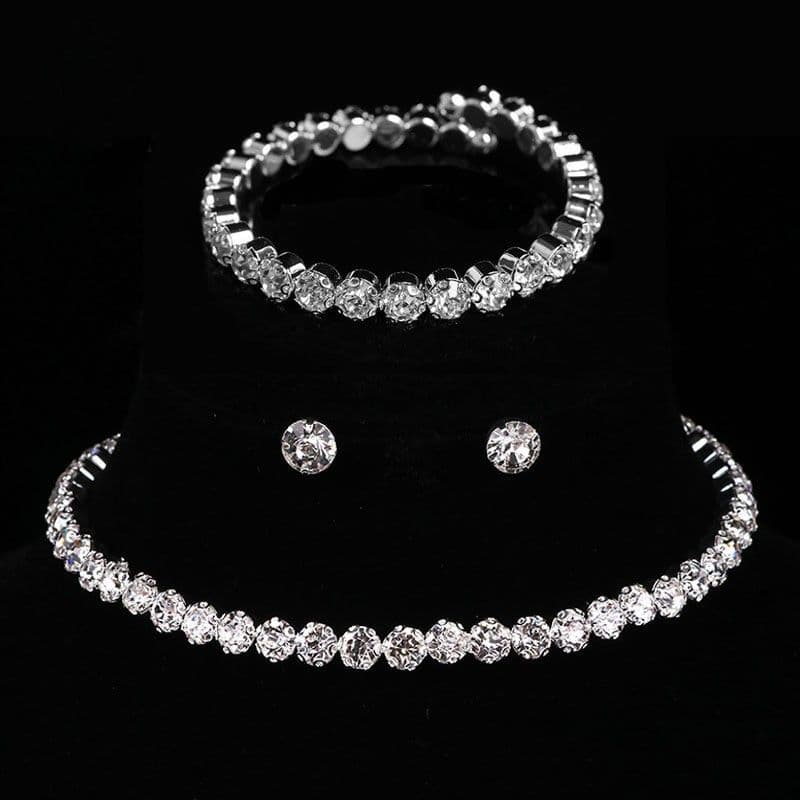 Korean Bridal Sparkling Water Jewelry Round Full Diamond Bracelet Earrings Necklace 3-Piece Set