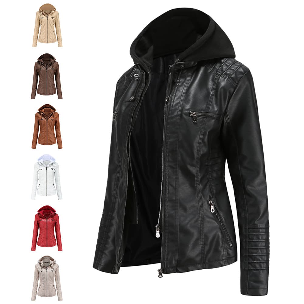 Women's hooded leather jacket two-piece detachable plus size leather jacket women's spring and autumn coat women's PU washable leather