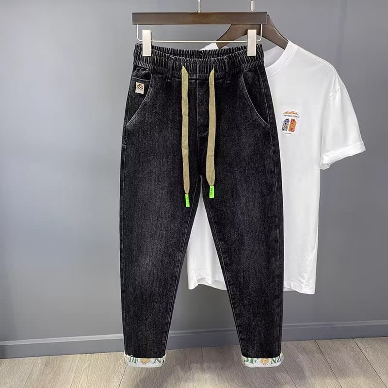 Men's Clothing Jeans loose and casual, harem elastic waist, trendy, handsome, versatile, printed, embroidered, nine points