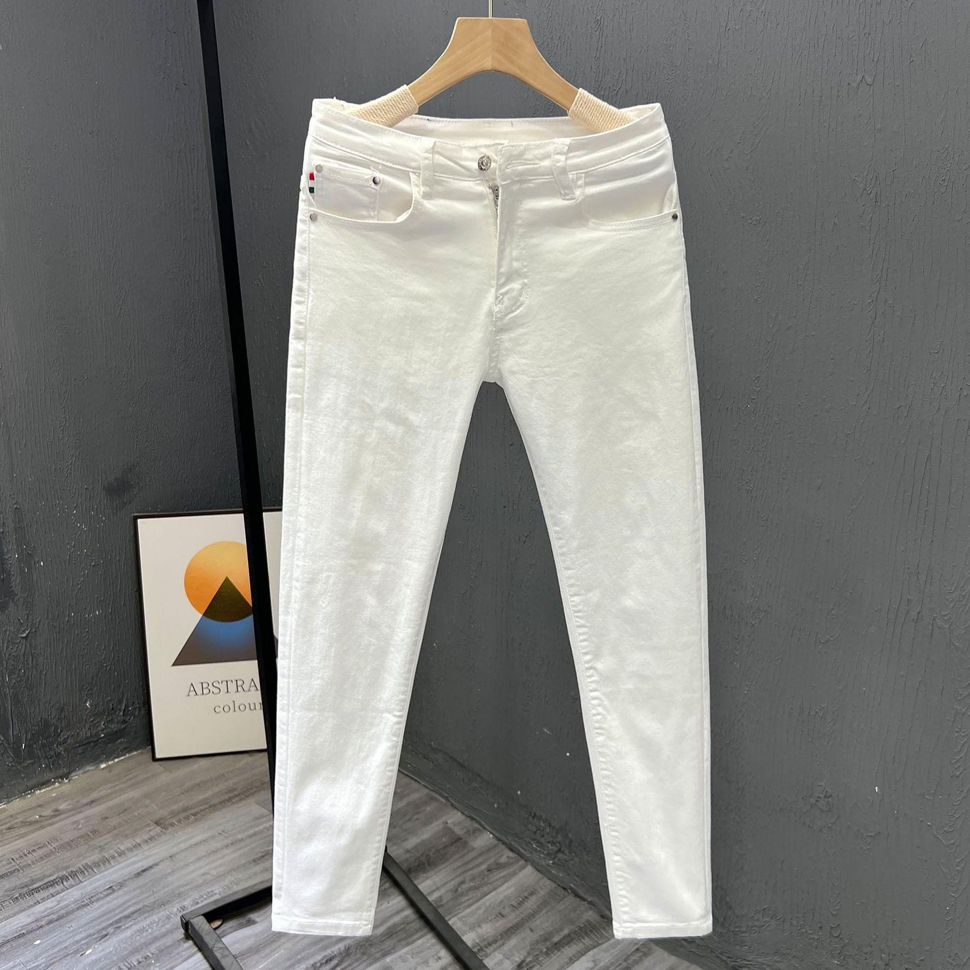 Men's Clothing High End White Pants Simple Summer Trendy Business Cotton Skinny Jeans Slim Nine Point Pants