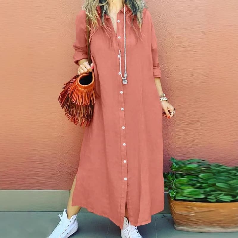 Modest Abaya Dress ​​Casual Elegance: Cotton-Linen Shirt Dress With Lapel Collar – Versatile Long Sleeve Tunic For Office & Everyday Wear​​