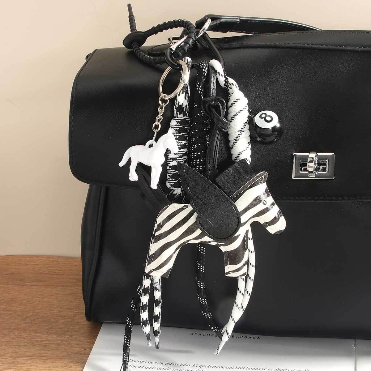Whimsical Zebra-Print Pony Keychain – Stylish PU Leather Charm With Black Braided Rope (Maximalist Bag Accessory)