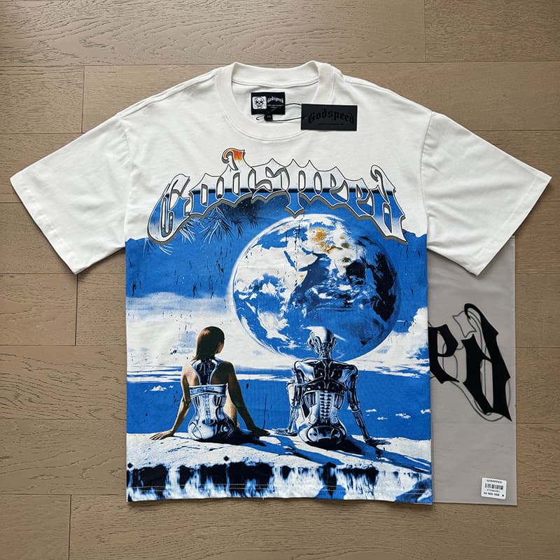 New Fashion Godspeed Skull Rock Band Crew Neck Washed Black Short Sleeve T-Shirt Couple Matching