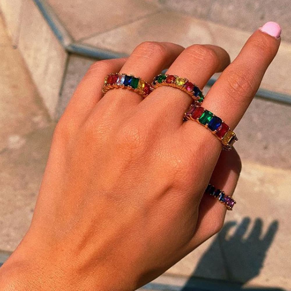 Unisex Jewelry Fashion Diamond Ring Stainless Steel Zircon Rainbow Ring Cross Border Hip Hop Non Fading Men'S And Women'S Jewelry