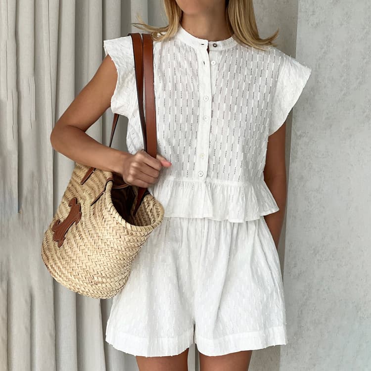 Women's ins style new jacquard short-sleeved design shirt casual simple shorts suit for women