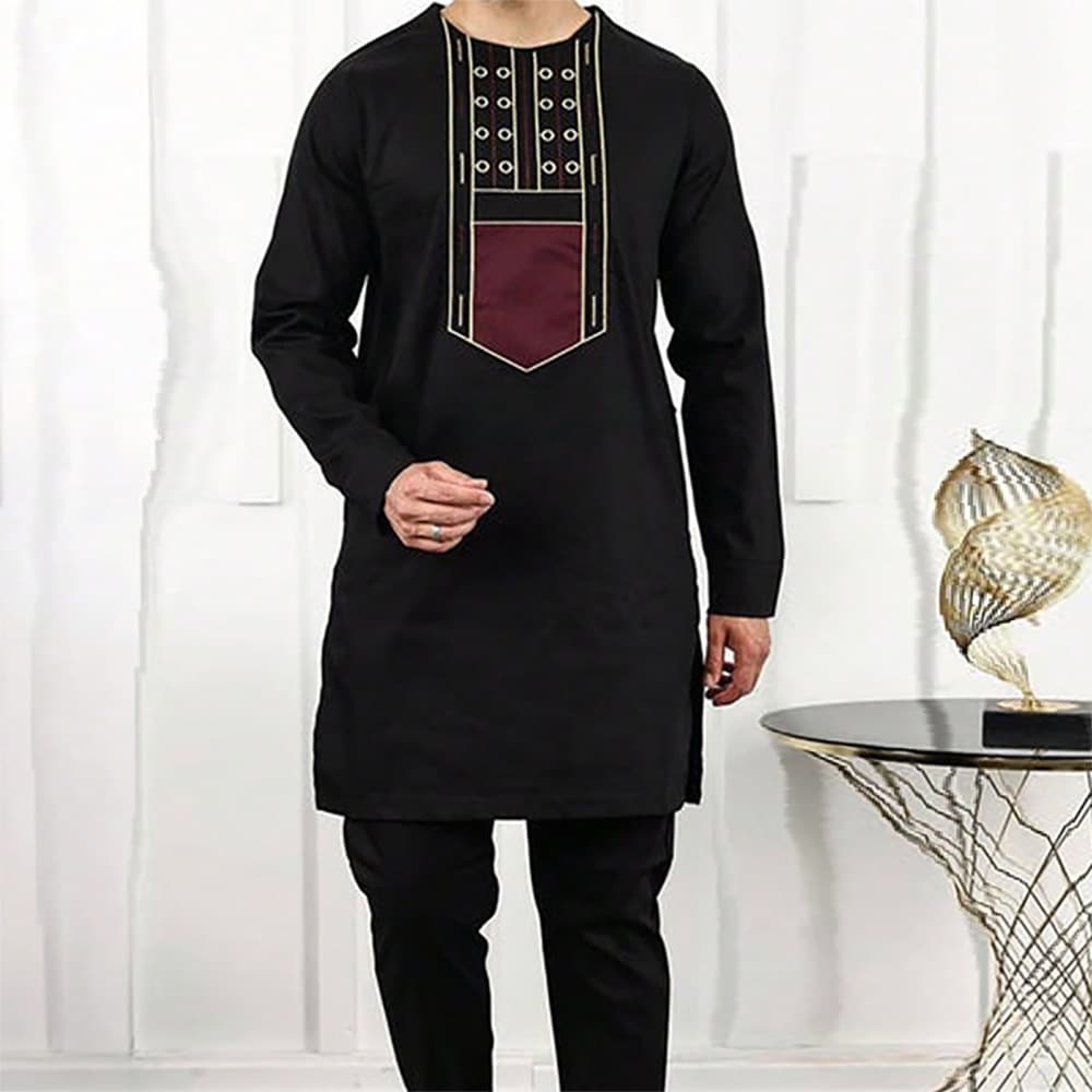 Costume noir africain décontracté brodé pour homme, manches longues, idéal pour les mariages et les banquets.