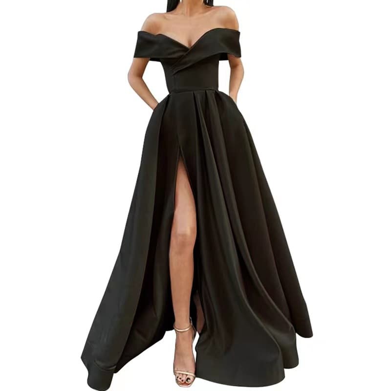 Women's Clothing New Sexy Elegant Noble Satin Solid Color Deep V Dress Evening Dress