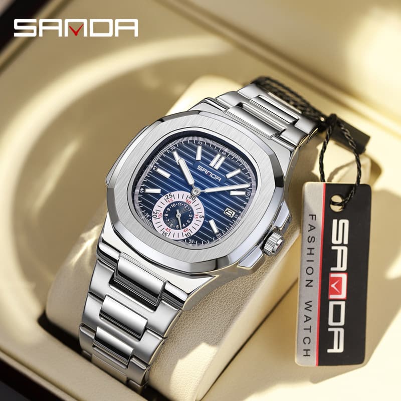 SANDA's New Steel Band Luminous Calendar 7020 Nautilus Stainless Steel Waterproof Men's Quartz Watch