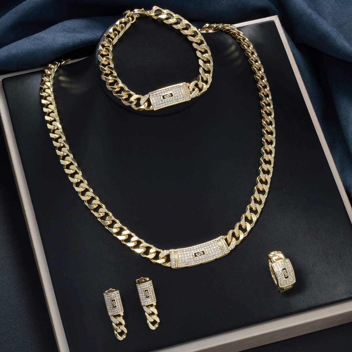 Hot Selling Gold Cuban Chain Inlaid Diamond Necklace Bracelet Earrings Ring High-end Jewelry Set