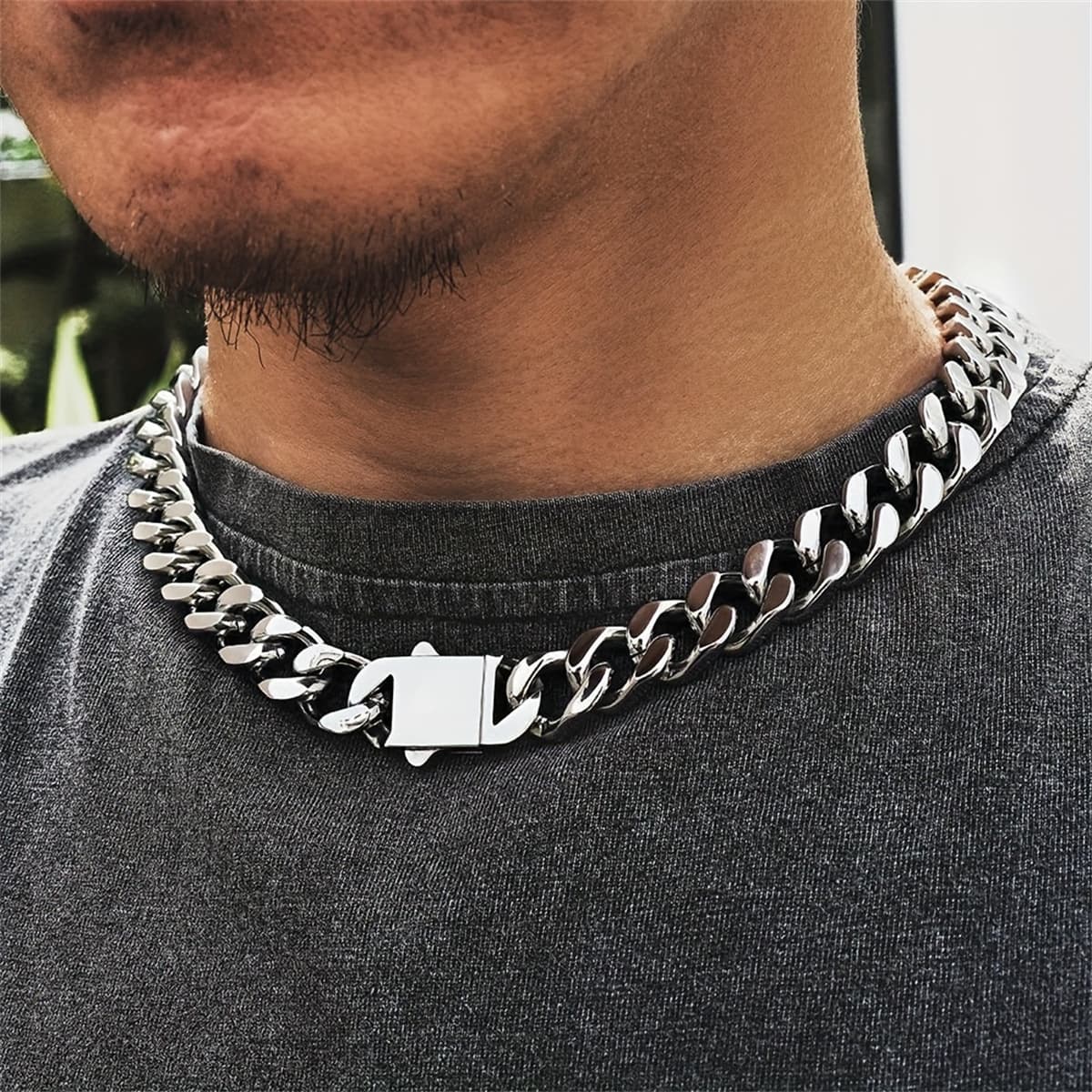 Hot-Selling Men's Four-Sided Polished Stainless Steel Cuban Encrypted Chain Flat Buckle Thickened Hip-Hop Necklace