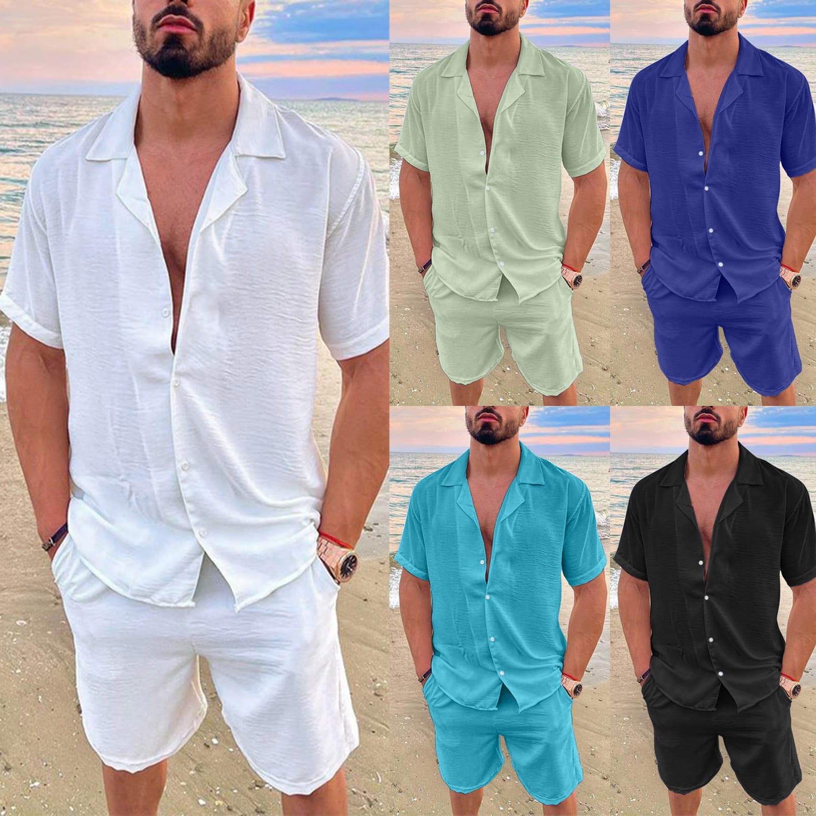 2024 Hawaiian Men's Summer Polo Collar Cotton Linen Solid Short Sleeve Shorts Set