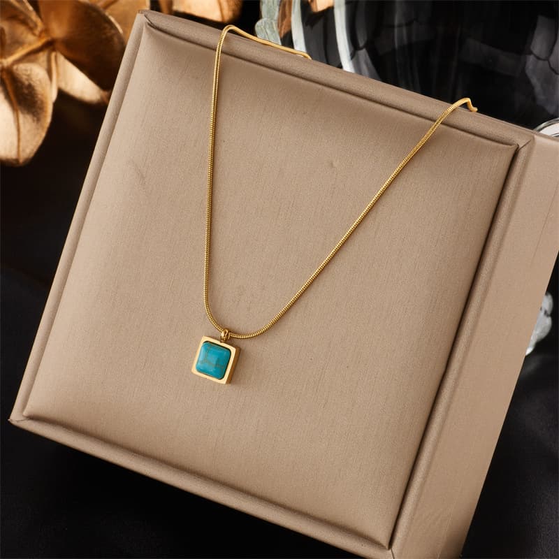 European and American cross-border fashion retro niche simple square turquoise pendant titanium steel thread chain necklace