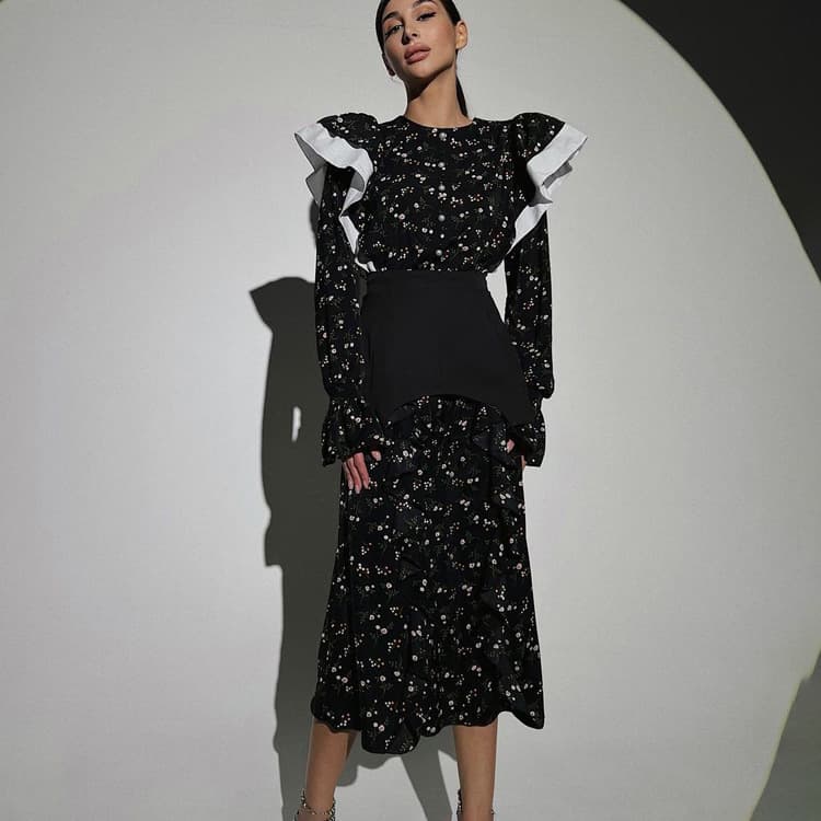 Women's French-designed long-sleeved dress with detachable waist and casual floral dress