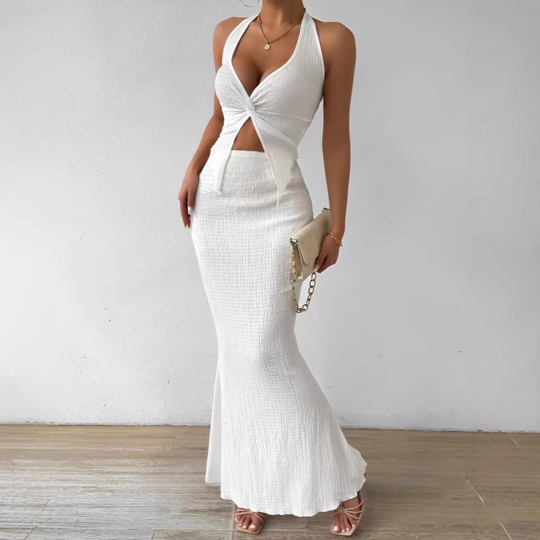 European And AmericanSheep Horn Women's Summer Solid Color Twist Front Halter Neck Crop Top And Fishtail Midi Skirt Elegant Two Piece