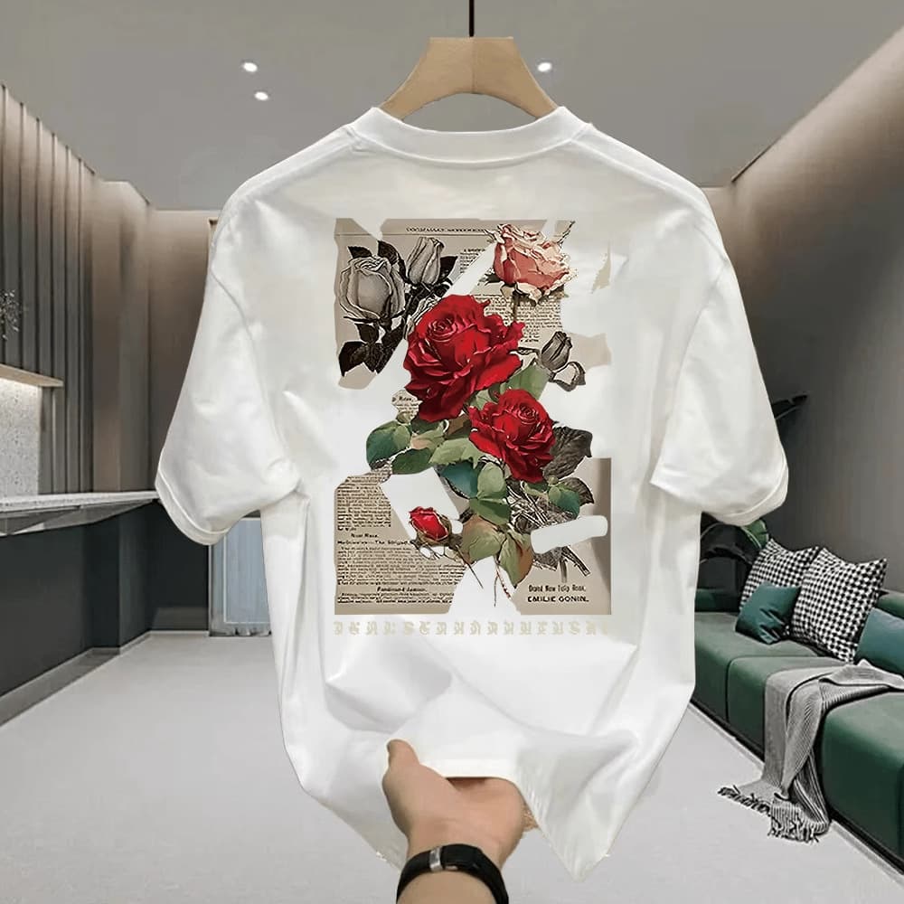Men's Clothing Unisex Pure Cotton T-Shirt Summer Style Short Sleeved Creative Rose And Rabbit Print Versatile Round Neck Top For Men