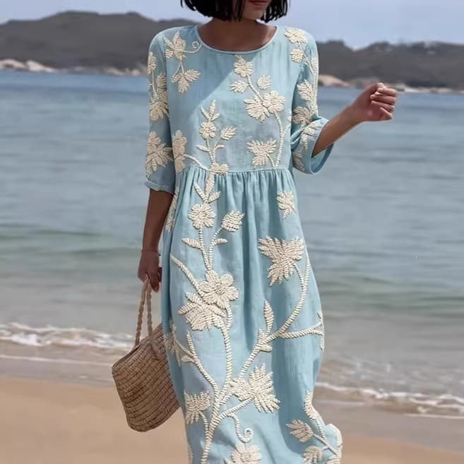Best Selling Women's mid Length Sleeve round Neck Dress Side Pockets Beach Vacations