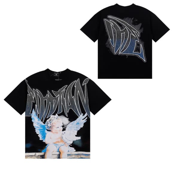 T-shirt unisexe à manches courtes, coupe ample, imprimé extraterrestre tendance style américain, orné de strass, idéal pour la rue.