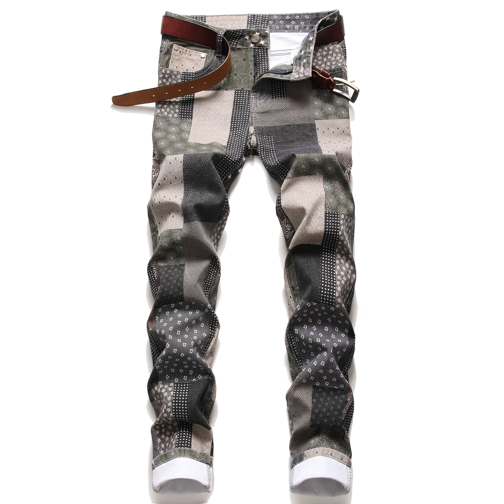 Original European Colorful Personalized Fashion Jeans for Men Plaid Printed Patchwork Stretch Straight Pants Street Man Jeans