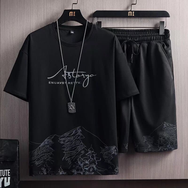 Men's Sports Casual Suit Thin Loose Large Size Snow Mountain Print Short-Sleeved T-Shirt With Shorts Set