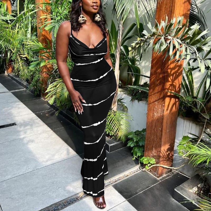 Women's striped print sexy deep V halter dress