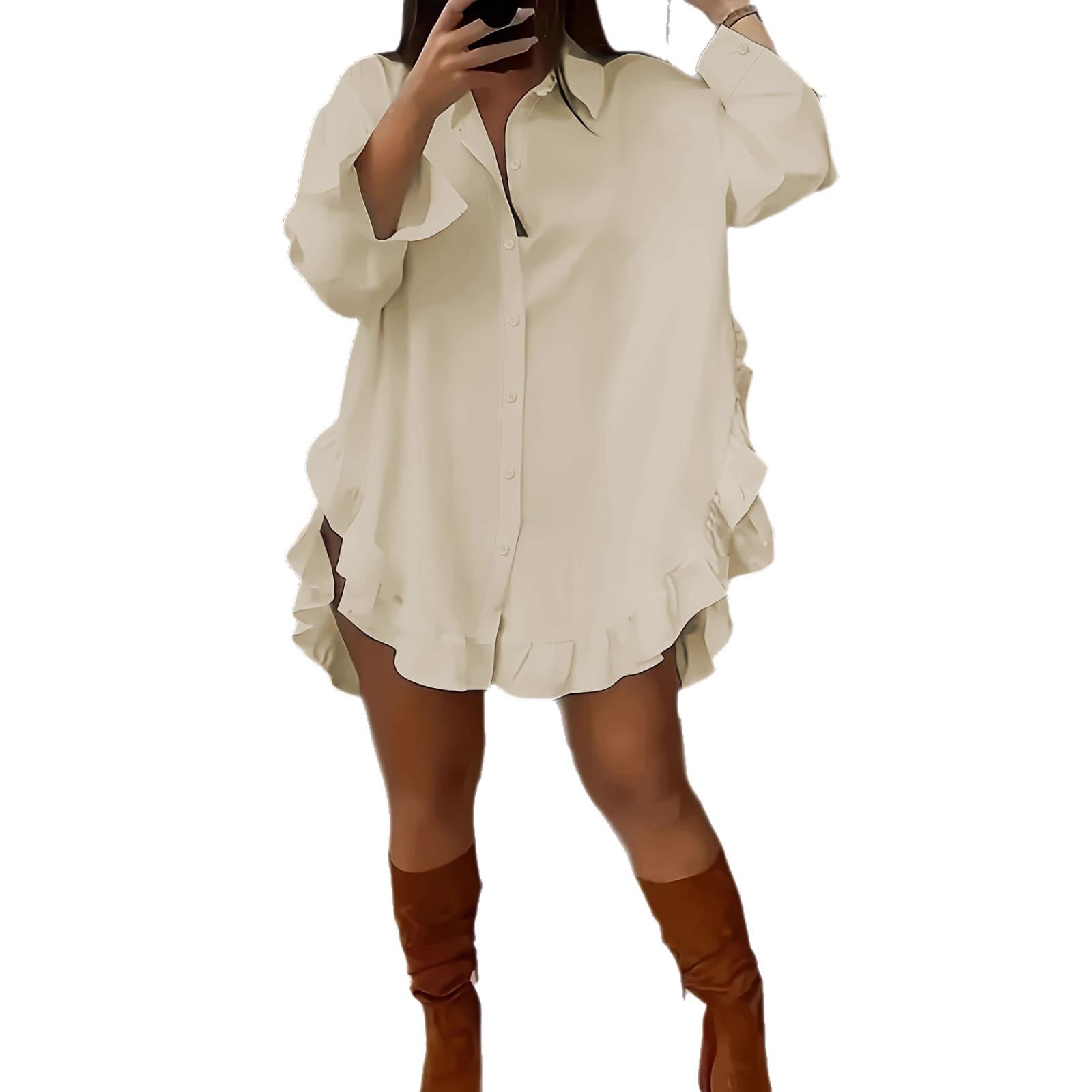 New Women's Clothing Solid Color Loose Ruffle Hem Loose Shirt
