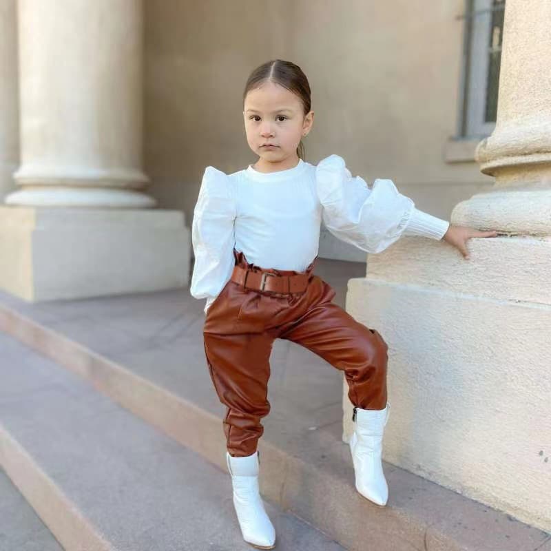 Mother & Kids Small And Medium Sized Girls' New Spring And Autumn Style Puff Sleeve Tops, Fashionable Straight PU Belt Waist Leather Pants Suit