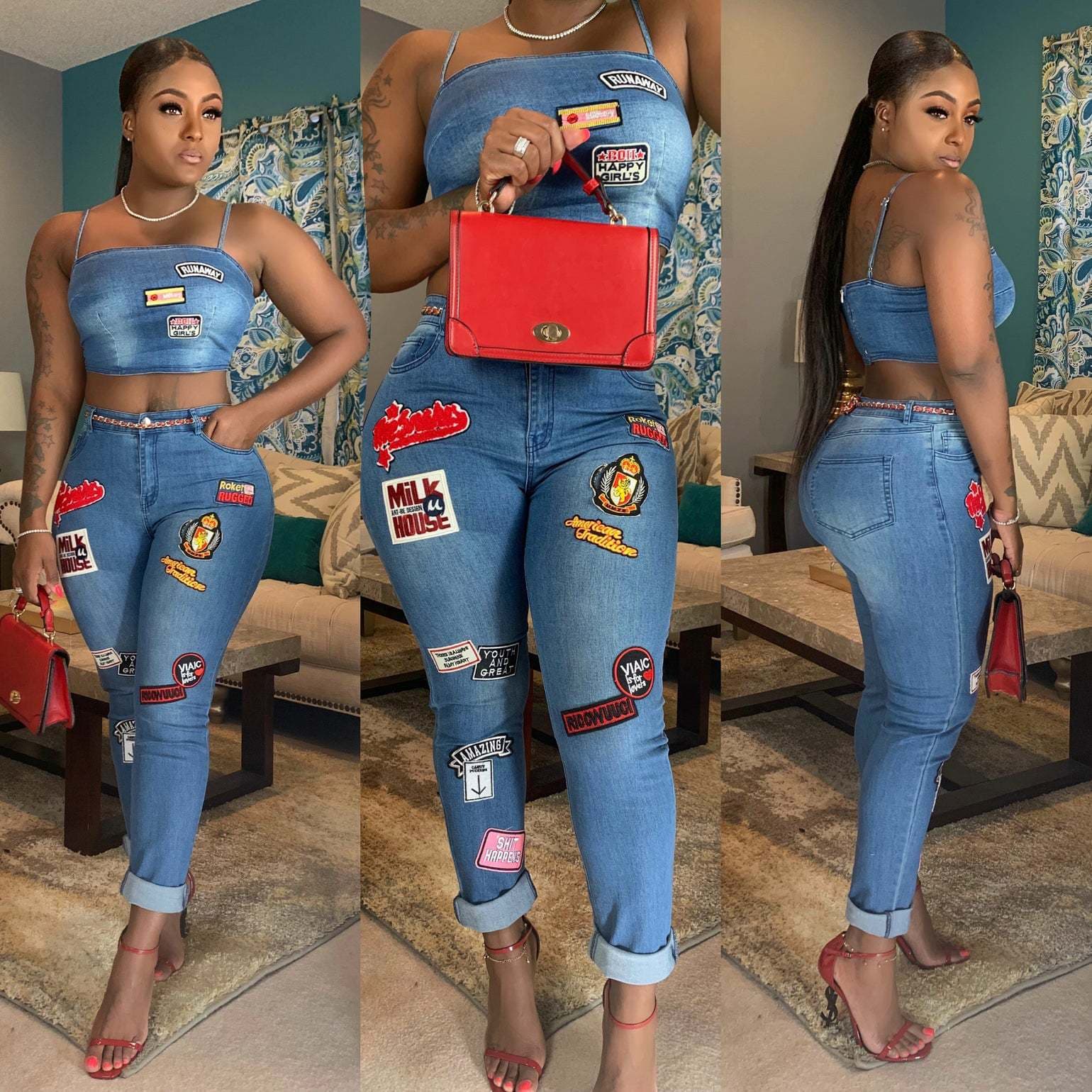 Women’s Clothing Sexy New Cartoon Patch Cuff Jeans Suit