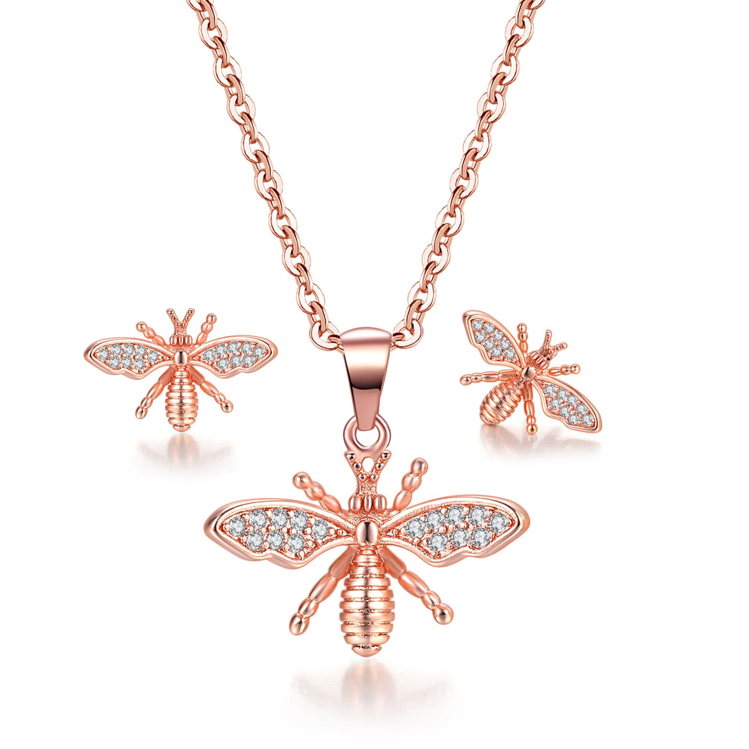 Women’s Jewelry Set Fashion Fashion Bee Necklace Earrings Jewelry Set Inlaid with Zircon Rose Gold Plated