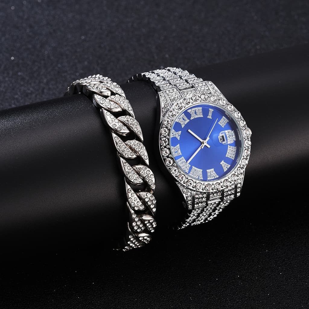 Popular Foreign Trade Business Large Dial Full Diamond Men's Watch, Light Luxury Calendar Luminous Steel Band Quartz