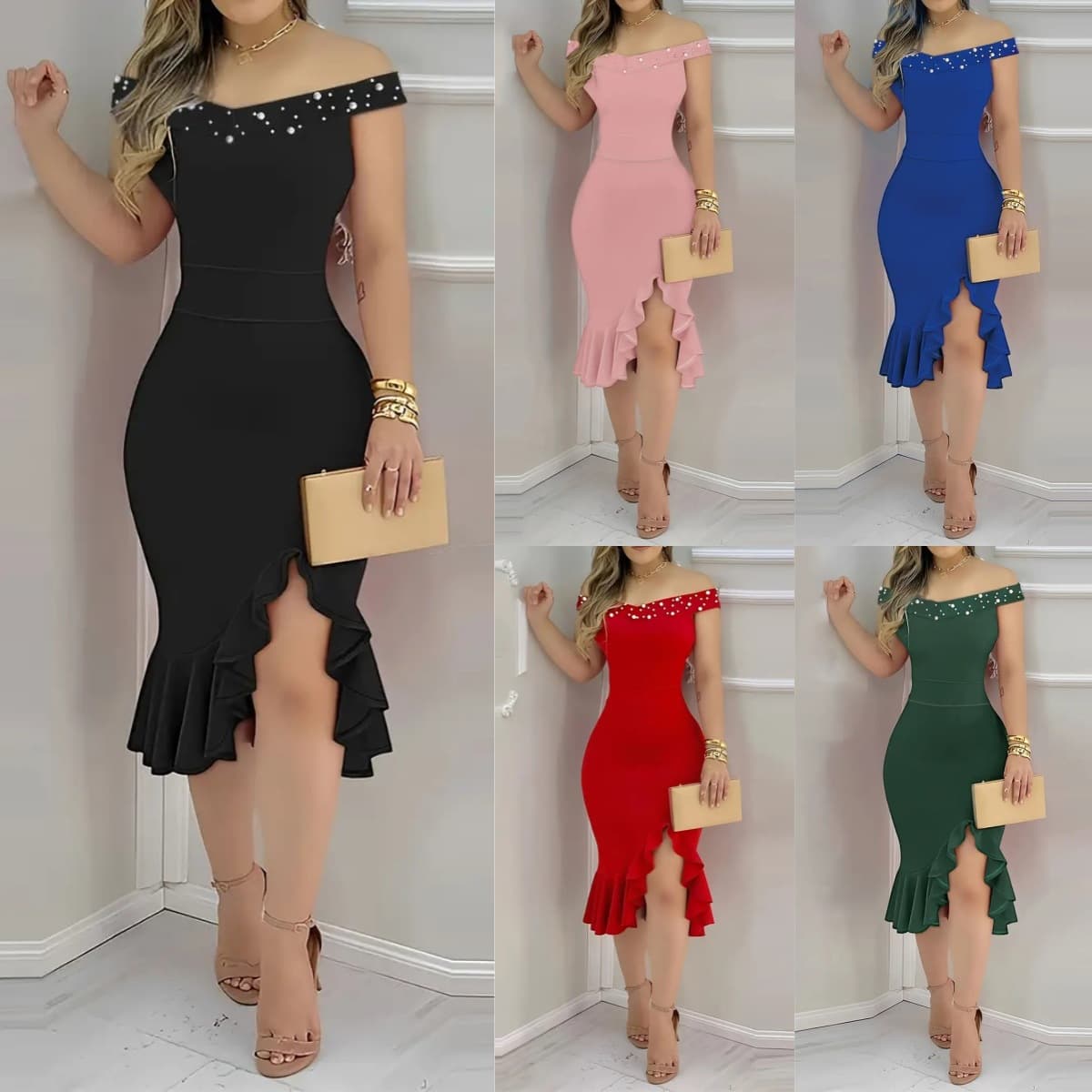 Women's Clothing Summer Fashion Tight Hip Wrapped One Shoulder Ruffle Dress