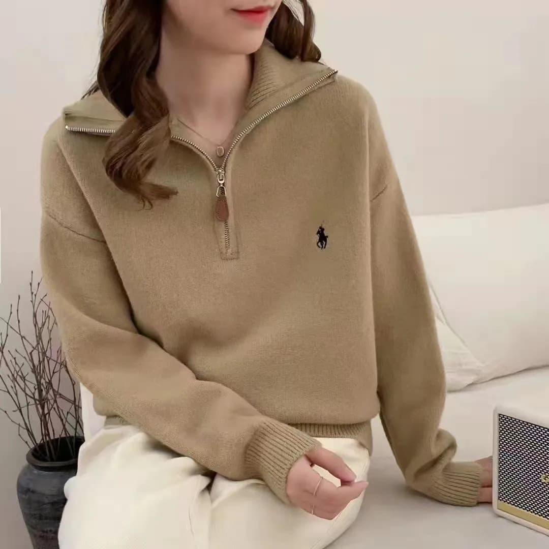 Pull-over femme style coréen automne/hiver avec broderie poney, demi-zip, col rabattu, coupe ample.