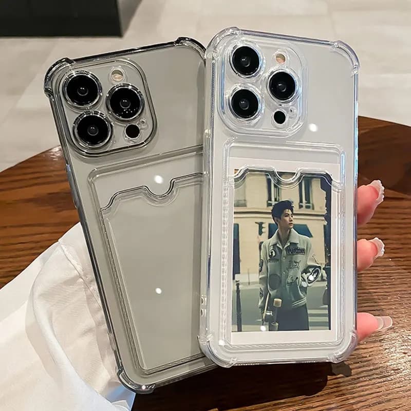 Transparent Card Slot Bag Holder Case For iPhone 13 14 11 12 15 Pro Max Mini X XR XS 7 8 Plus Clear Shockproof Soft