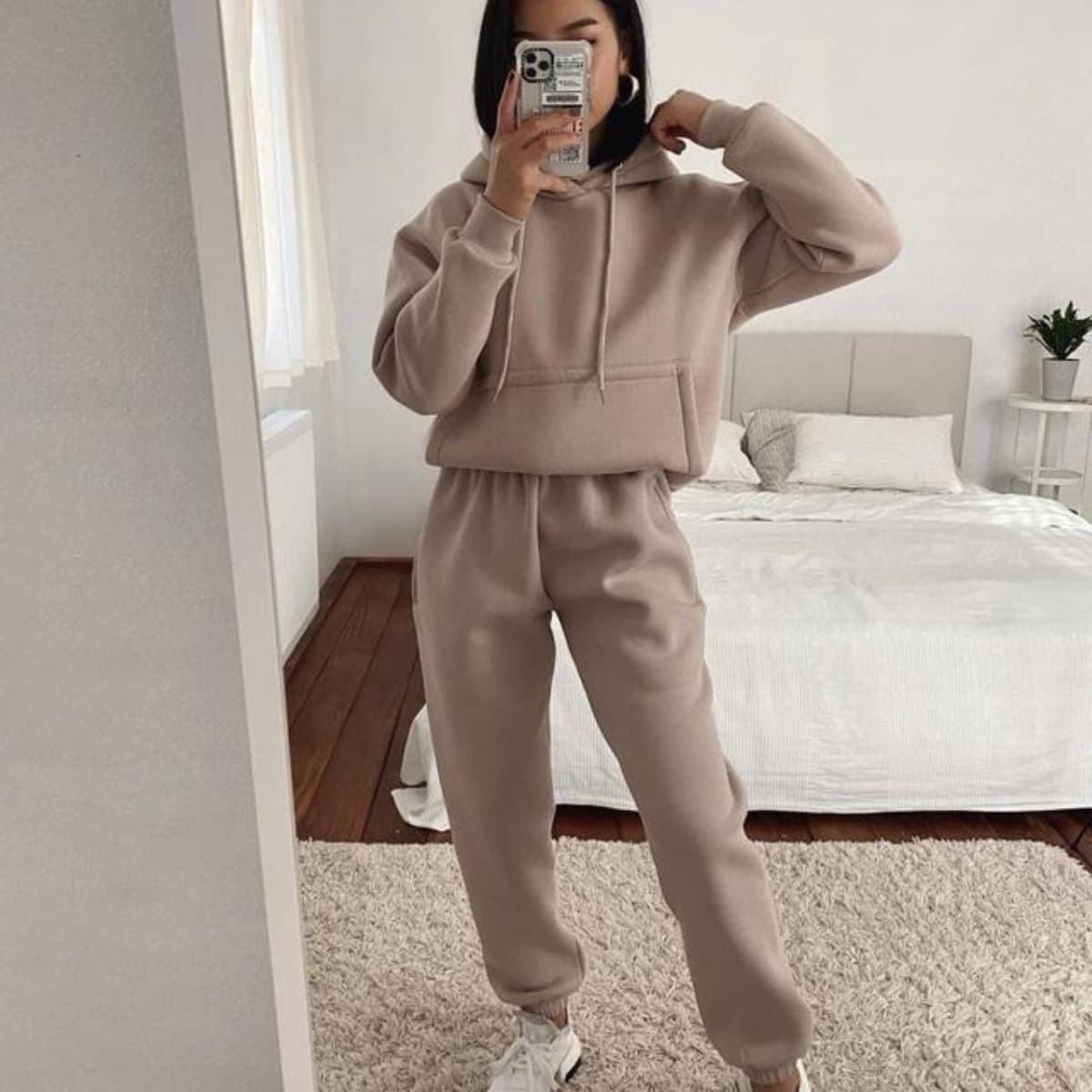 Women's Clothing casual hooded long-sleeved pocket sweatshirt solid color sports suit two-piece set