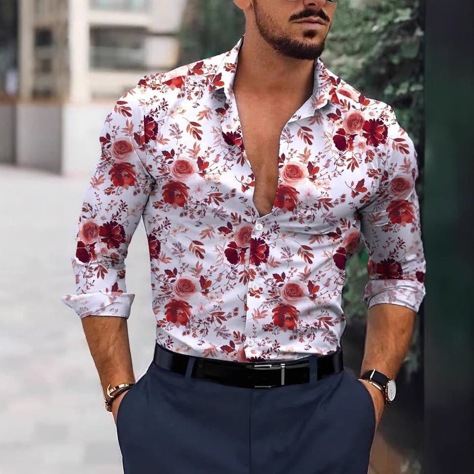 Men's Clothing Long Sleeved Shirts Four Sided Stretch Floral Print Trendy Versatile Long Sleeves Shirt