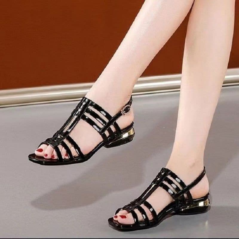 Medium heel thick heel PU sandals rubber flat low medium heel high heel sandals slippers women's single shoes leather shoes women's casual