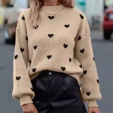 ​​Women's Fashion Knitted Sweater Long Sleeve Round Neck Loose Fit Casual Top With Heart Embroidery​​