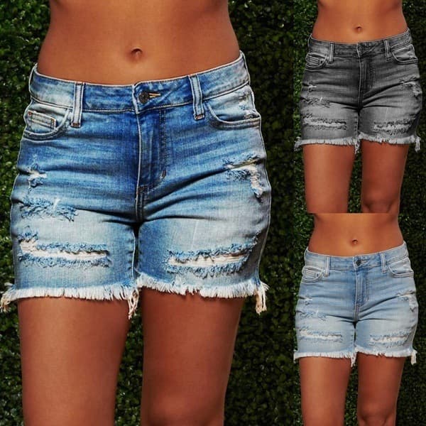 Women's Clothing Stretch Denim Shorts With Distressed Hem & Fringe - High Waist Ripped Bermuda Shorts (S-3XL)​​