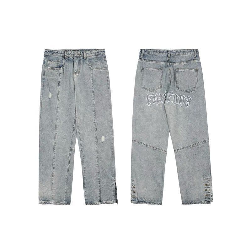 Men's Clothing High Street Embroidered Button Down Jeans Blue Loose Hip Hop Street Casual Trousers